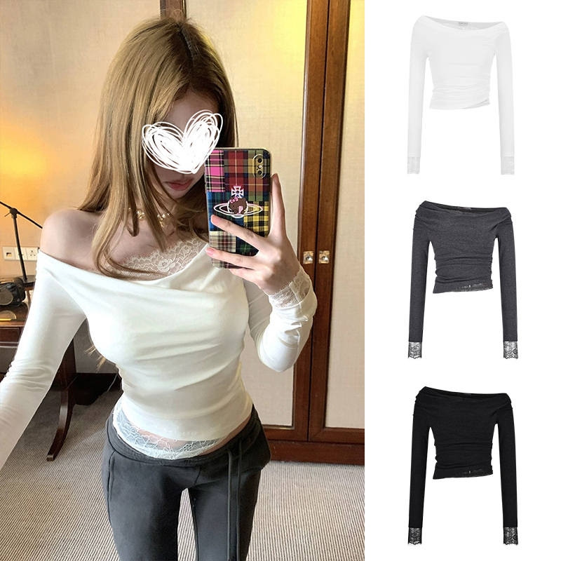 MosesQueen魔西女王荡领蕾丝拼接长袖打底衫女秋装修身气质上衣