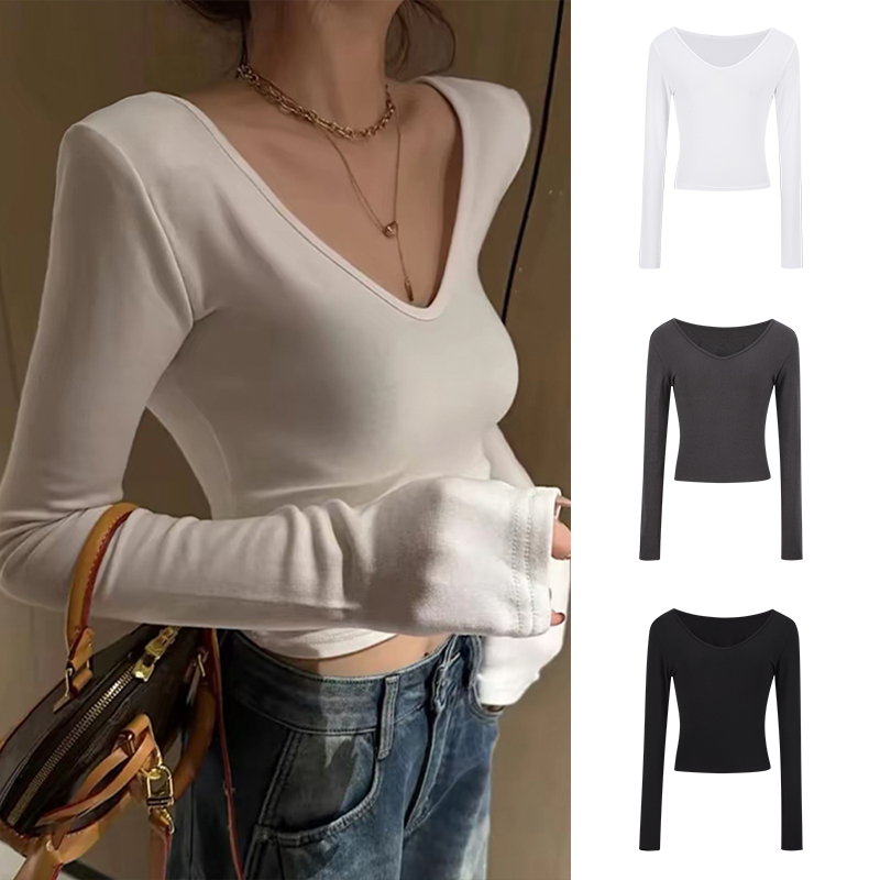 MosesQueen魔西女王白色V领长袖t恤女秋季修身短款打底衫内搭上衣