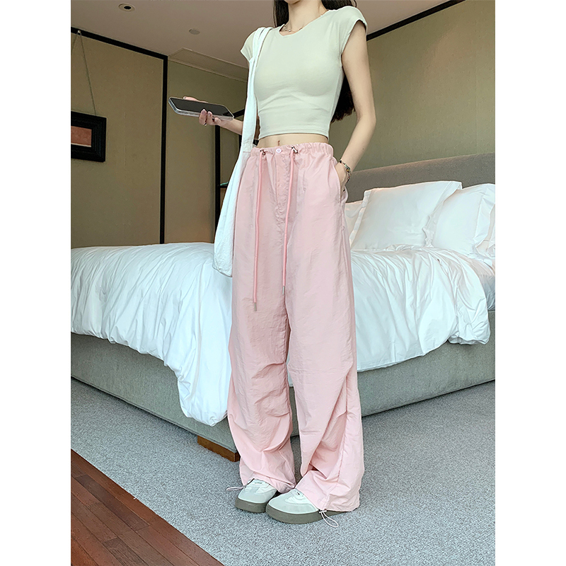 Mosesqueen魔西女王粉色降落伞工装裤2025新款阔腿直筒休闲速干裤