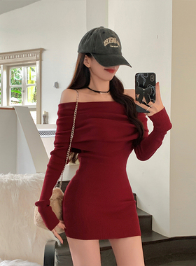 MosesQueen一字肩性感辣妹风包臀裙秋冬新款女修身显瘦百搭连衣裙