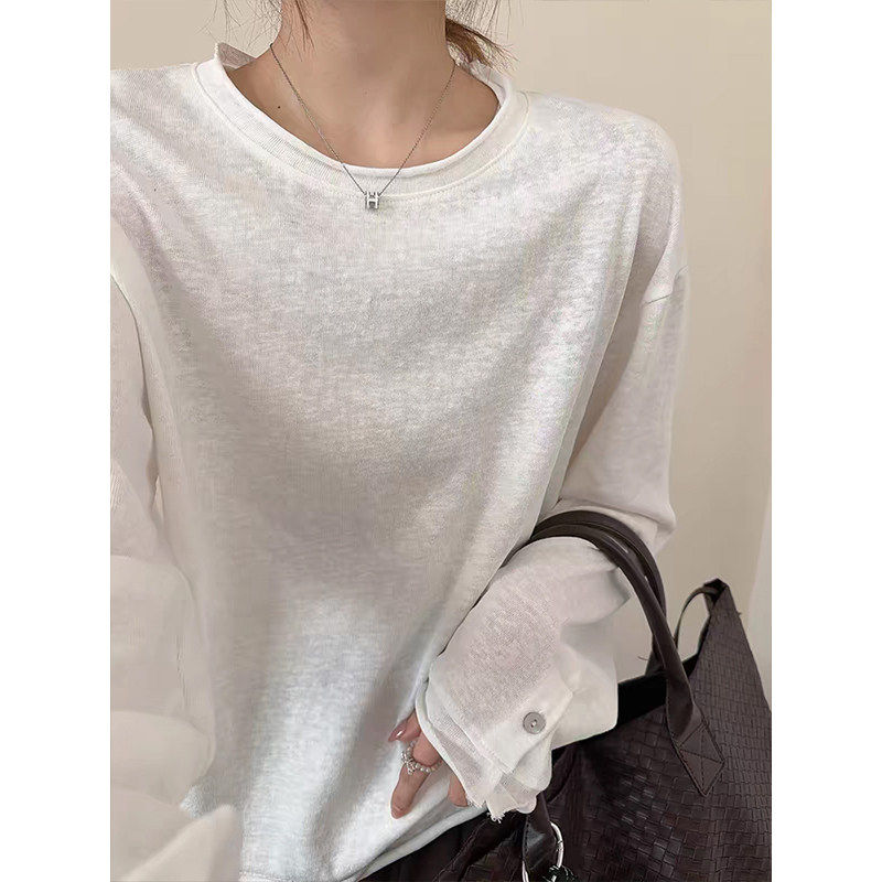 MosesQueen魔西女王卷边薄款长袖t恤休闲宽松圆领内搭打底衫上衣