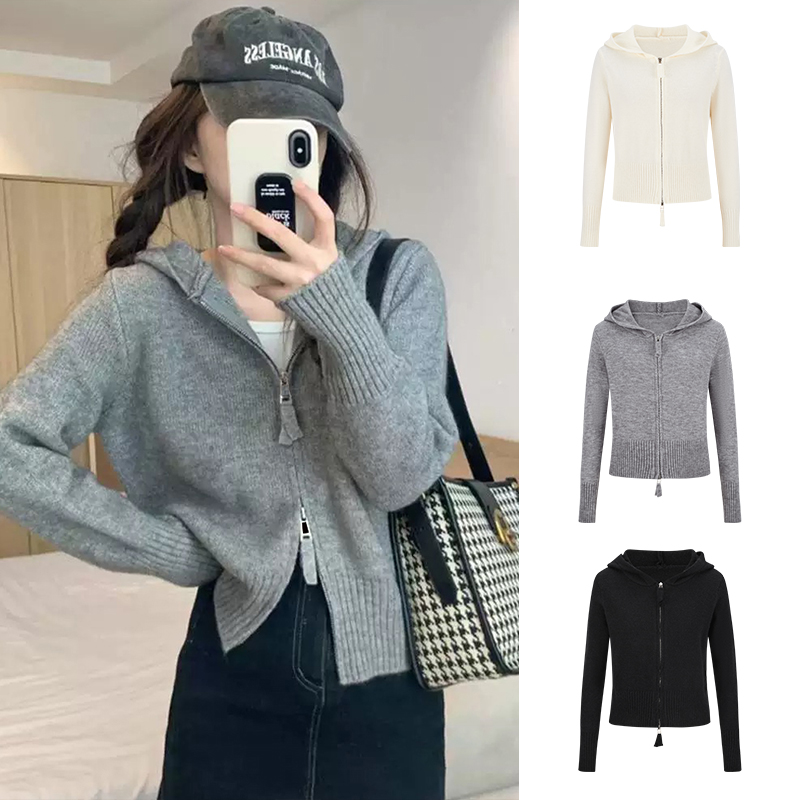 MosesQueen魔西女王灰色双拉链针织开衫秋装新款连帽毛衣外套上衣