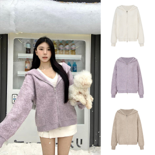 【特价现货】MosesQueen连帽双拉链开衫毛衣女秋冬宽松外套针织衫