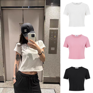 MosesQueen魔西女王正肩圆领露脐短袖 上衣女 T恤宽松显瘦辣妹短款