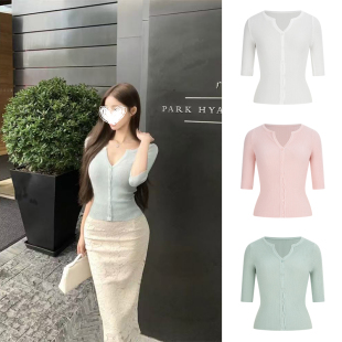 MosesQueen魔西女王薄荷绿色v领短袖针织开衫内搭打底衫半袖上衣