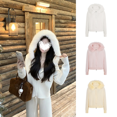 MosesQueen魔西女王白色毛领连帽毛衣女加厚宽松针织上衣短款外套