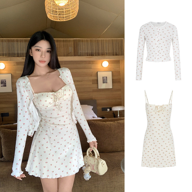 MosesQueen魔西女王碎花两件套法式收腰吊带连衣裙气质针织开衫