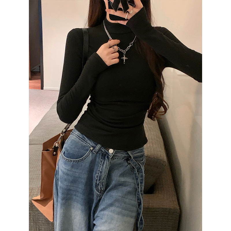 半高领长袖女秋冬加绒加厚打底衫