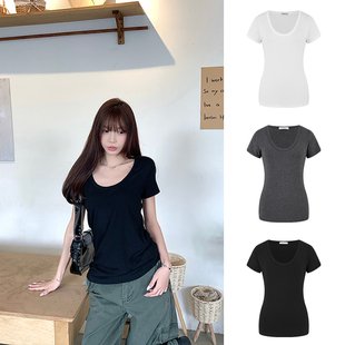 MosesQueen魔西女王黑色U领短袖 内搭宽松显瘦正肩上衣女 T恤夏季