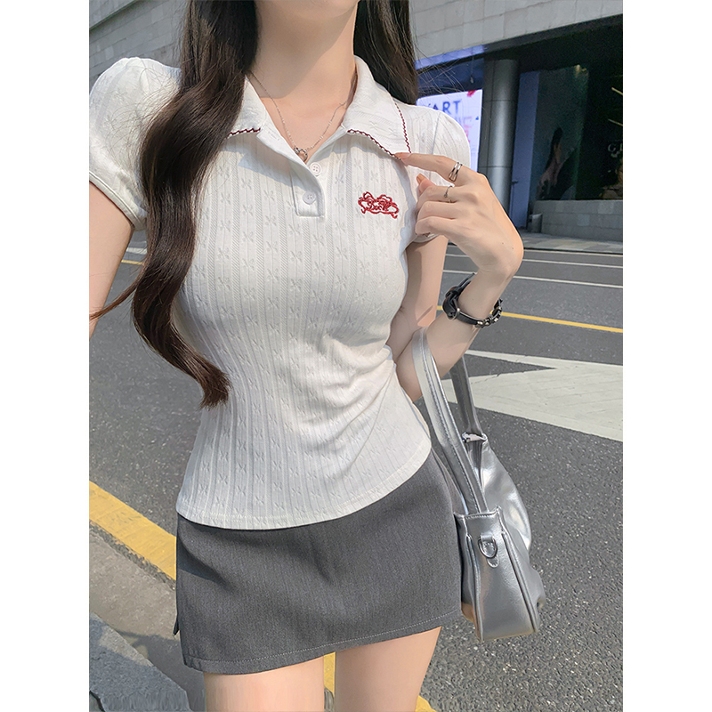Mosesqueen魔西女王polo领刺绣短袖女2025夏季新款美式学生风T恤