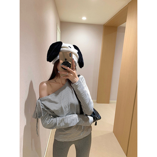 MosesQueen魔西女王斜肩条纹长袖T恤秋季显瘦纯欲设计感系带上衣