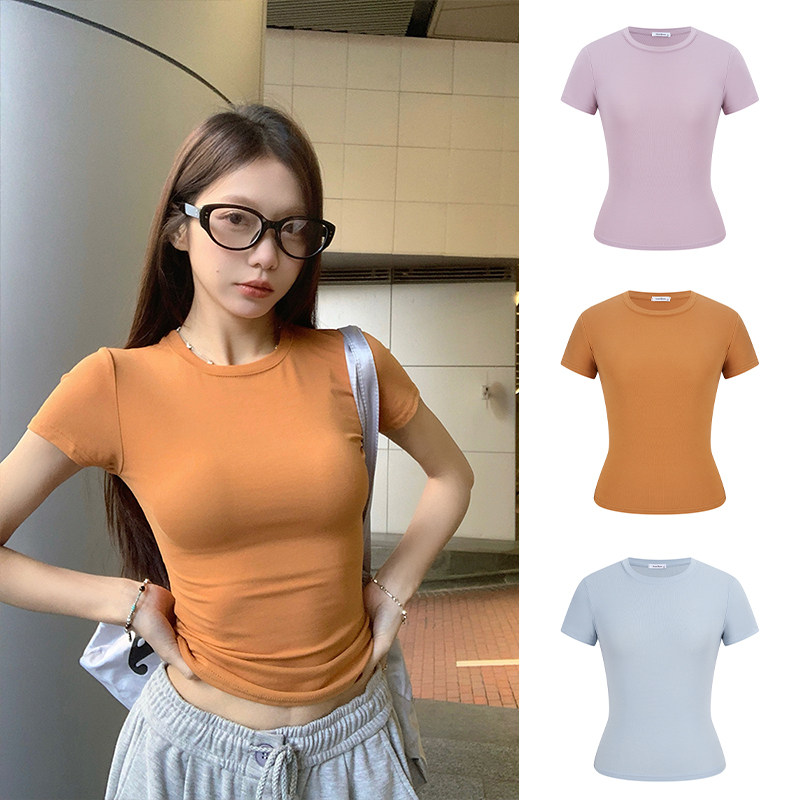 MosesQueen魔西女王南瓜色莱赛尔短袖t恤夏季修身显瘦圆领上衣