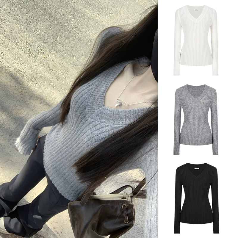 MosesQueen魔西女王灰色v领针织打底衫女春秋冬内搭毛衣长袖上衣