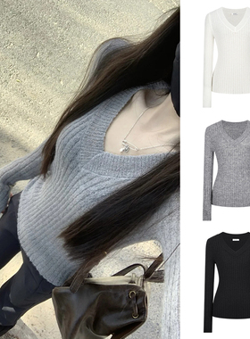 MosesQueen魔西女王灰色v领针织打底衫女春秋冬内搭毛衣长袖上衣