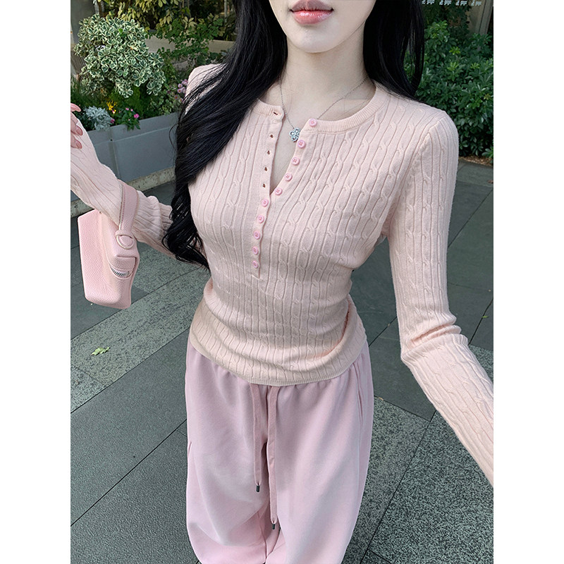 MosesQueen魔西女王粉色纽扣半开领针织衫秋冬麻花修身内搭打底衫