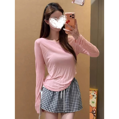 MosesQueen魔西女王粉色圆领薄款t恤早秋微透修身显瘦长袖上衣