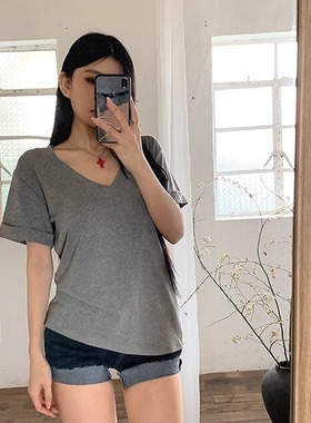 MosesQueen魔西女王基础款灰色v领短袖T恤修身显瘦百搭正肩上衣
