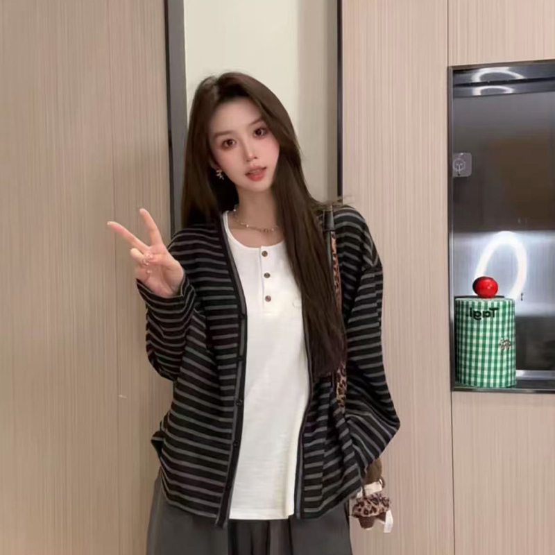 MosesQueen魔西女王韩系条纹针织衫外套秋宽松撞色长袖chic上衣