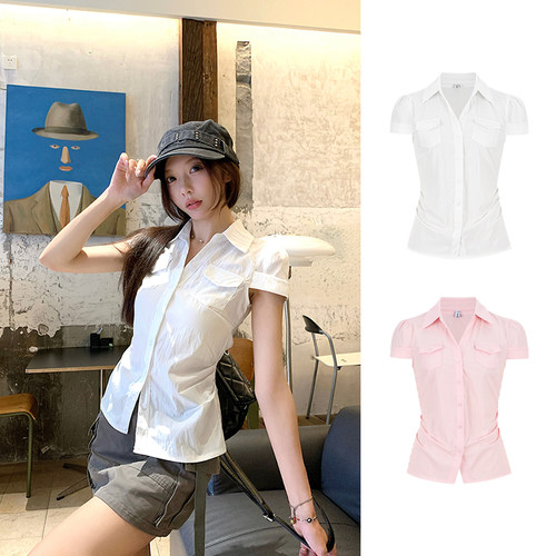 MosesQueen魔西女王白色掐腰口袋短袖衬衫女收腰显瘦气质衬衣上衣