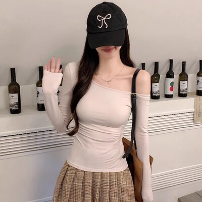 内搭长袖上衣设计感斜肩上衣