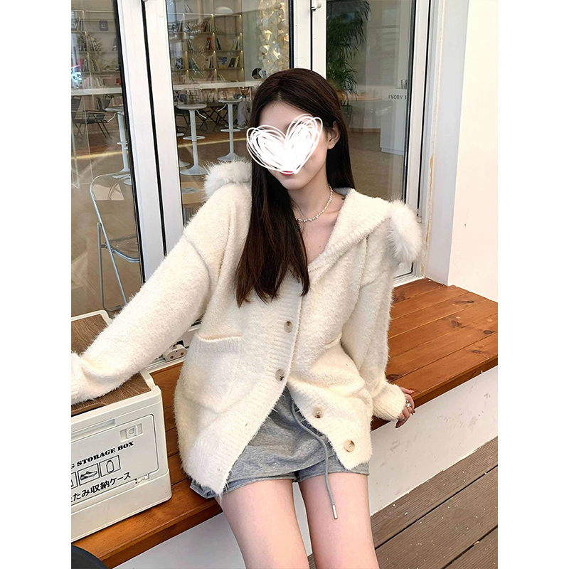 MosesQueen魔西女王连帽针织开衫毛衣秋冬毛领宽松加厚外套上衣女