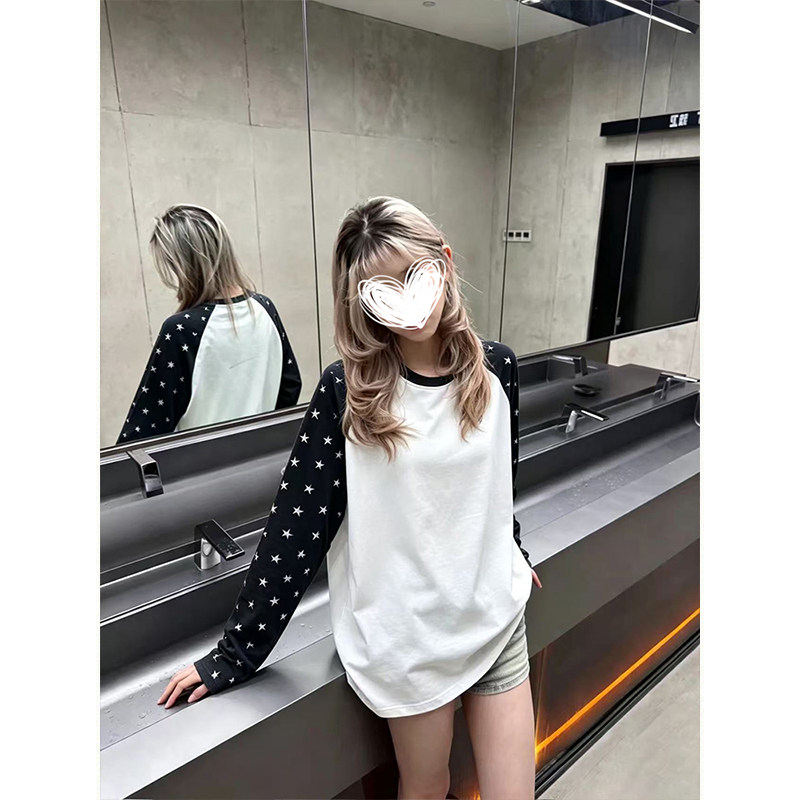 MosesQueen魔西女王美式撞色星星印花插肩长袖t恤内搭打底衫上衣