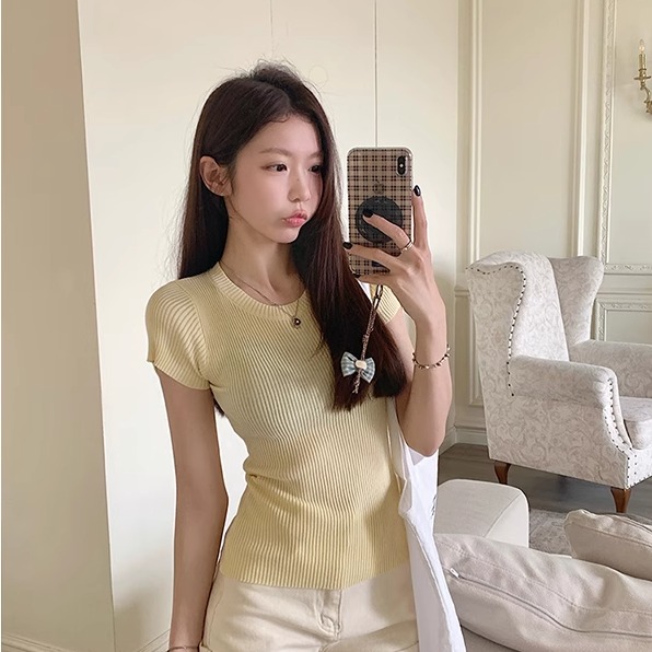 MosesQueen针织短袖女t恤夏季2025新款短款简约百搭修身正肩上衣