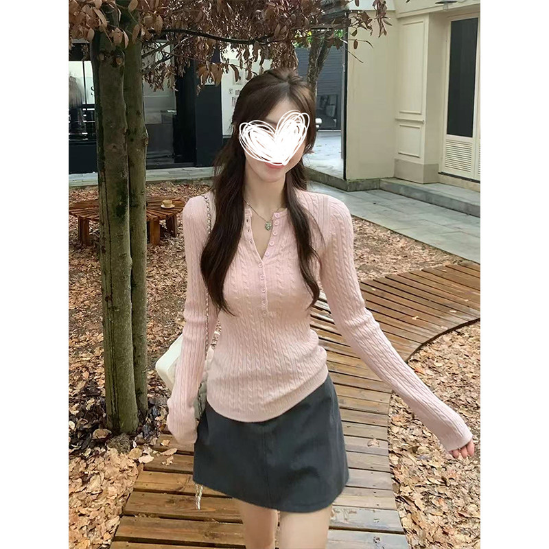 MosesQueen魔西女王麻花小V领针织衫秋冬新款百搭内搭打底衫上衣