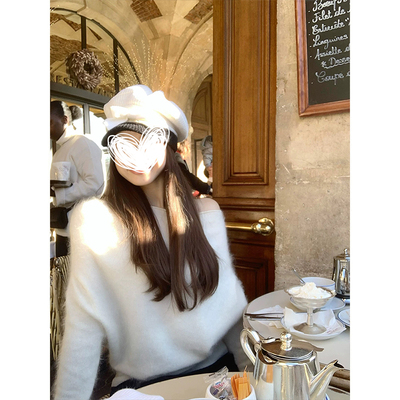 MosesQueen魔西女王一字肩毛衣女气质露肩上衣秋季宽松斜肩针织衫