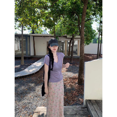 MosesQueen魔西女王松弛感薄款V领短袖T恤夏季亚麻圆领宽松上衣女