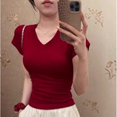 t恤女显瘦v领红色短款 Mosesqueen魔西女王辣妹修身 正肩短袖 上衣