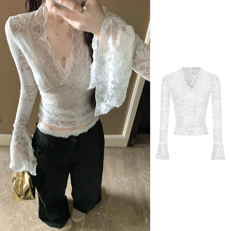 MosesQueen魔西女王设计感性感V领收腰显瘦蕾丝衫纯欲修身上衣