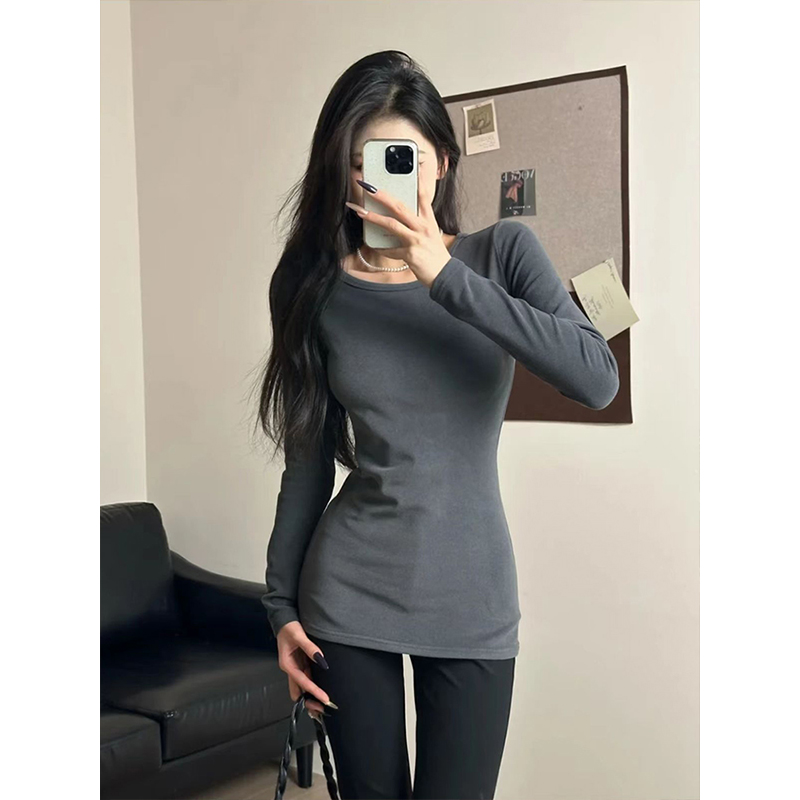 MosesQueen魔西女王正肩圆领收腰修身长袖女内搭德绒保暖打底衫