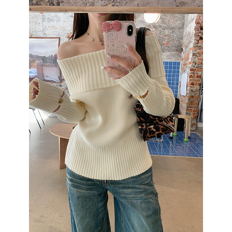 一字领加厚针织长袖女显瘦上衣