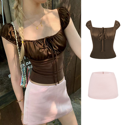 MosesQueen魔西女王美式辣妹包臀a字半身裙小飞袖短袖上衣两件套