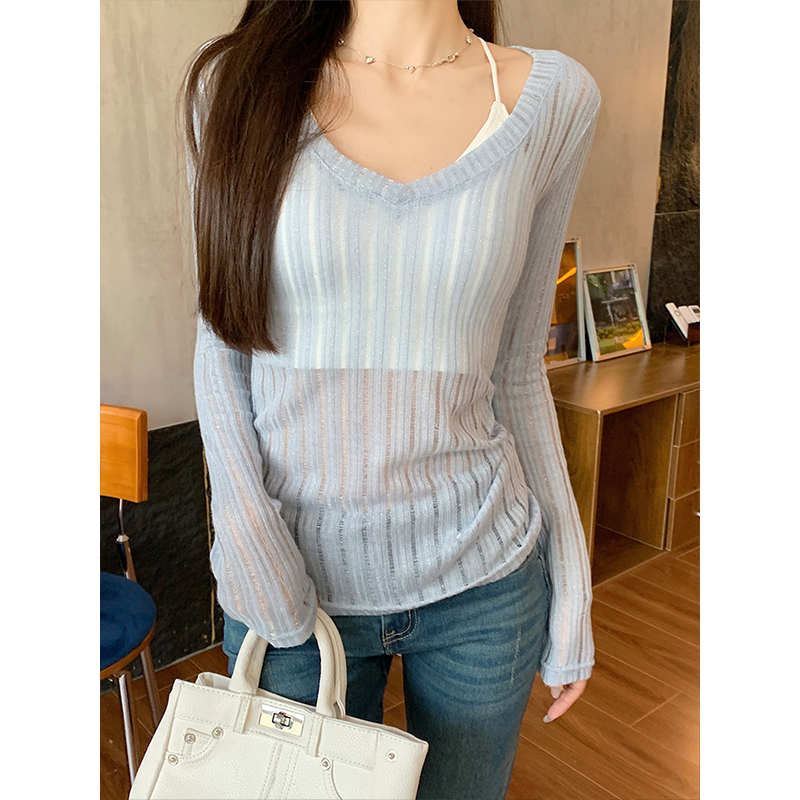 MosesQueen魔西女王纯欲baby蓝薄款长袖防晒罩衫微透外搭收腰上衣