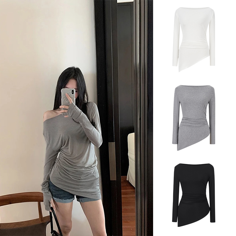 MosesQueen魔西女王美式辣妹风一字肩长袖t恤女秋薄款褶皱上衣