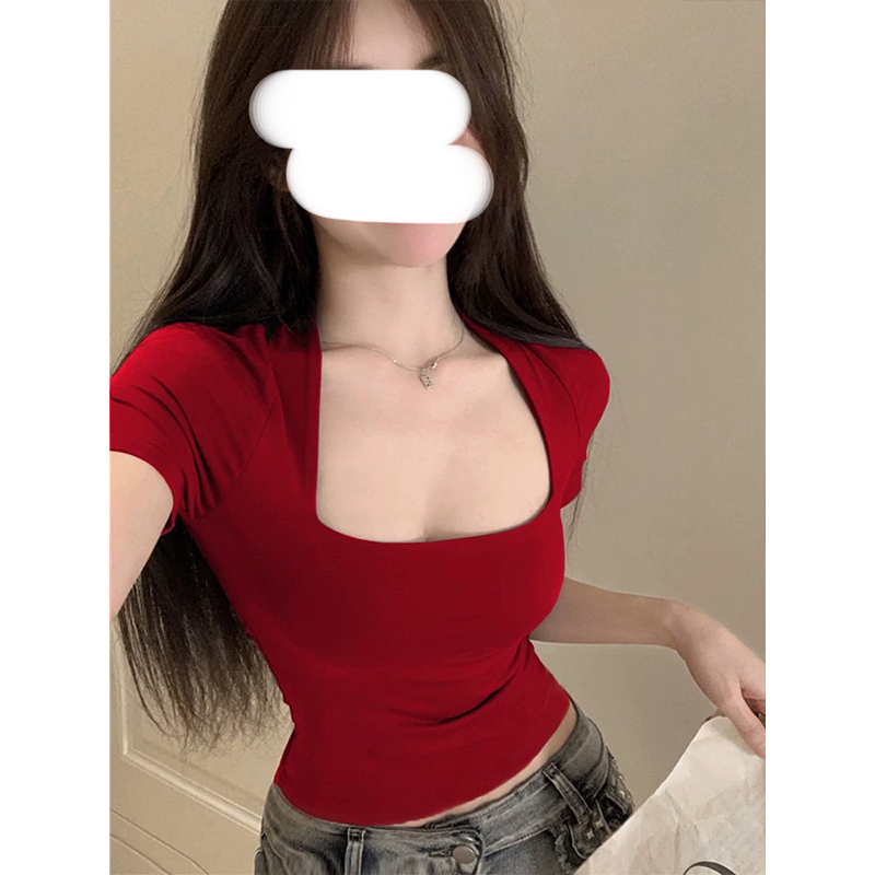 方领短袖t恤女收腰修身显瘦短款