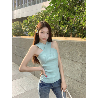 MosesQueen魔西女王多巴胺一字肩针织短袖夏季显瘦性感设计感上衣