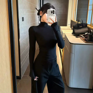 MosesQueen魔西女王黑色半高领打底衫女内搭上衣紧身显瘦长袖t恤