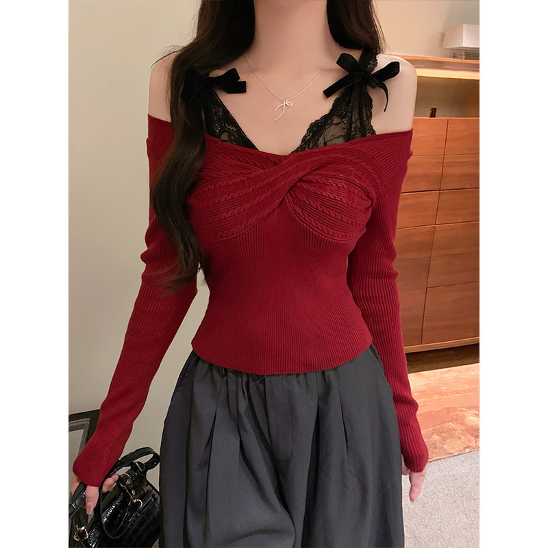 MosesQueen蝴蝶结蕾丝假两件针织上衣女甜美显瘦内搭打底