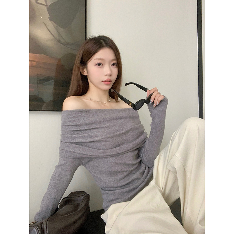 高级感针织衫露肩内搭红色毛衣