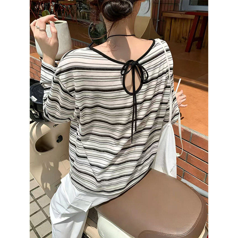 MosesQueen魔西女王镂空绑带条纹长袖t恤薄款圆领宽松罩衫上衣女
