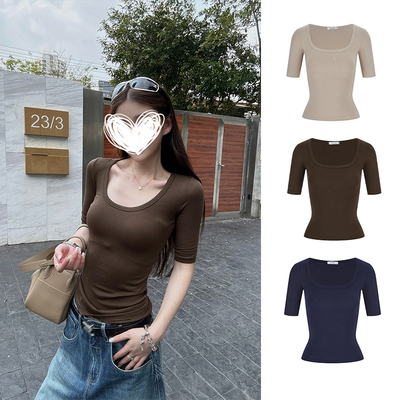 MosesQueen魔西女王咖色修身短袖T恤夏季正肩显瘦气质半袖上衣女