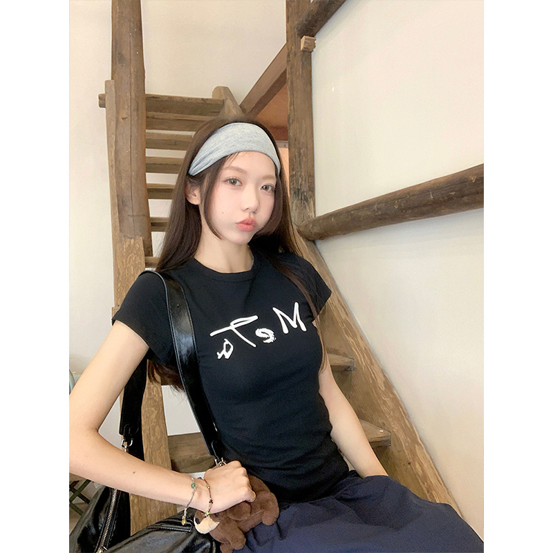 Mosesqueen魔西女王美式短袖正肩t恤2025夏季印花黑色修身上衣
