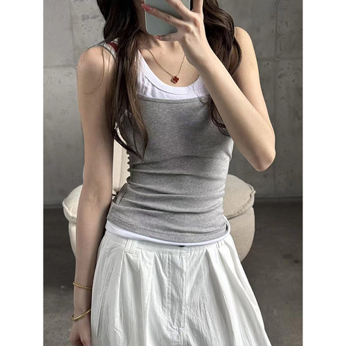 MosesQueen魔西女王假两件吊带背心撞色U领修身短款外穿无袖上衣