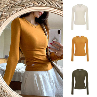 MosesQueen魔西女王南瓜色正肩长袖t恤女新款秋季修身打底衫上衣