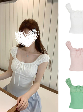 MosesQueen魔西女王纯欲风设计感泡泡袖短袖T恤夏季修身方领上衣