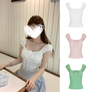 MosesQueen魔西女王纯欲风设计感泡泡袖短袖T恤夏季修身方领上衣