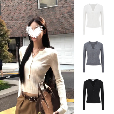 MosesQueen魔西女王白色小v领长袖针织衫女早秋修身显瘦麻花上衣